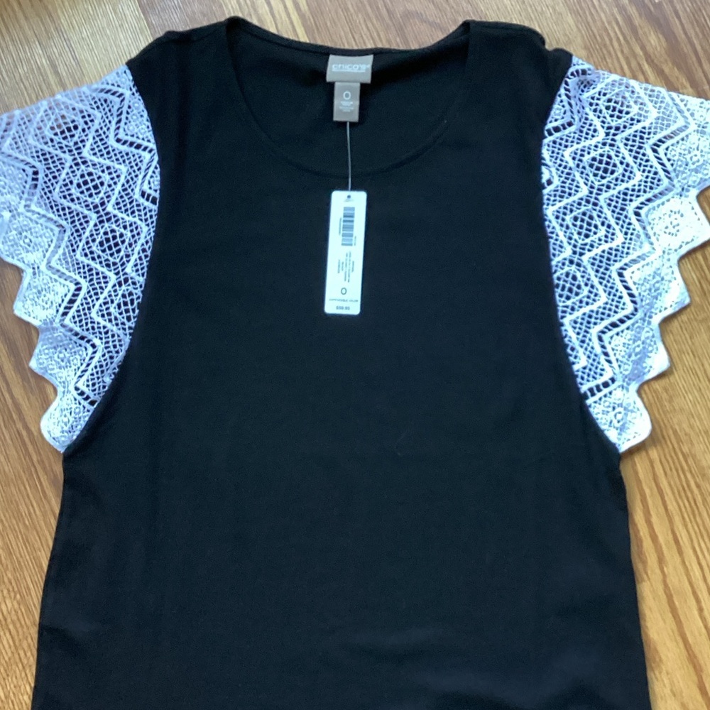 Chico's Black Top with White Lace Sleeves